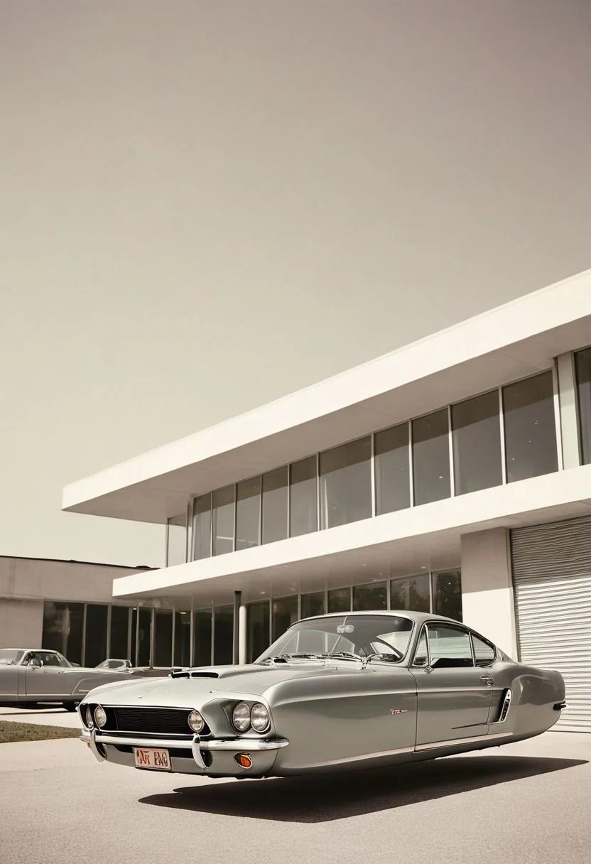 (low angle shot:1.4), an editorial photo of a 1960s (Mustang:0.6) and (Porsche:0.8) style Hovering_Car parked in front of a Bauhaus style building, highly detailed, retro futurism, clean lines, fine art photography, award winning photography, film grain,