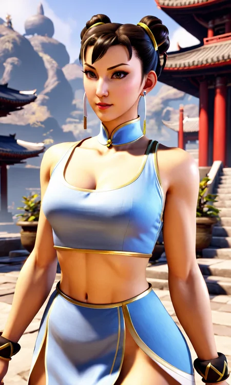 a woman walking in a temple, chun-li,brown eyes, double bun, black hair, best quality, looking at viewer, <lora:sf6sdxl:0.9>, sf6sdxl, kung fu, game cg,