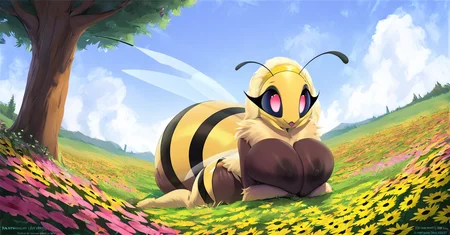 score_9, score_8_up, 1girls, abdomen, anthro, arthropod, arthropod abdomen, bee, bee girl, female, female only, field, flower, insect girl, insect humanoid, insect wings, outside, side view, sky, solo, tree, (huge breasts, nipples, squish, kneeling, thick thighs, ) , <lora:Blossom:1>