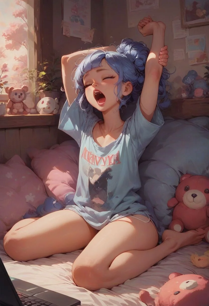 score_9, score_8_up, score_8, score_9, solo,1girl, 18 year old, sexy girl in oversized shirt, yawning, stretching, shirt reveal body, showing lots of skin, sitting on girly bed, stuffed animals, computer station