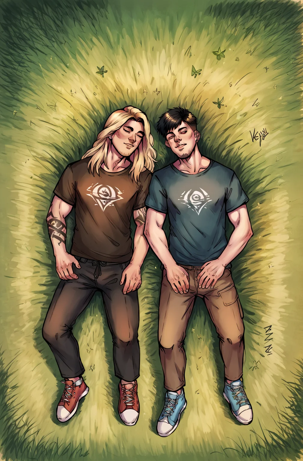 score_9,score_8_up,score_7_up,score_6_up,score_5_up,score_4_up 1girl,long hair,smile,short hair,blonde hair,shirt,black hair,closed eyes,lying,multiple boys,2boys,on back,tattoo,facial hair,sleeping,grass,beard,stubble <lora:dskartponyxl:0.8> Duskfallcrew Art Style