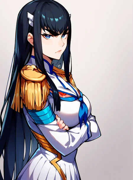 score_9, score_8_up, score_7_up, score_6_up, score_5_up, score_4_up , source_anime masterpiece, <lora:SatsukiKLK:0.9> satsukiklk, long hair, black hair, blue eyes, thighhighs,skirt, epaulettes, indoors, looking at viewer crossed arms, upper body, serious, from side, looking at viewer, thick eyebrows, simple background, cleavage cutout, shoulder armor, pauldrons,