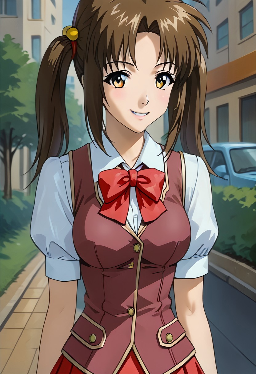 SCORE_9, SCORE_8_UP, SOURCE_ANIME, REALISTIC, FACE FOCUS, CLOSE UP, PORTRAIT, BREAK, 1FEMALE, SOLO, YUNA WAKAO, BROWN HAIR, TWINTAILS, HAIRTIE, AMBER EYES, SMIRK, EXITED, SCHOOL VEST, SHORT BALOONSLEEVES, BOWTIE, MINI SKIRT, SOCKS, LOAFERS, ARMS CROSSED, BREAK, SUNNY DAY, OUTSIDE, PARK SIDEWALK, HIGH RESOLUTION, VIVID TEXTURES