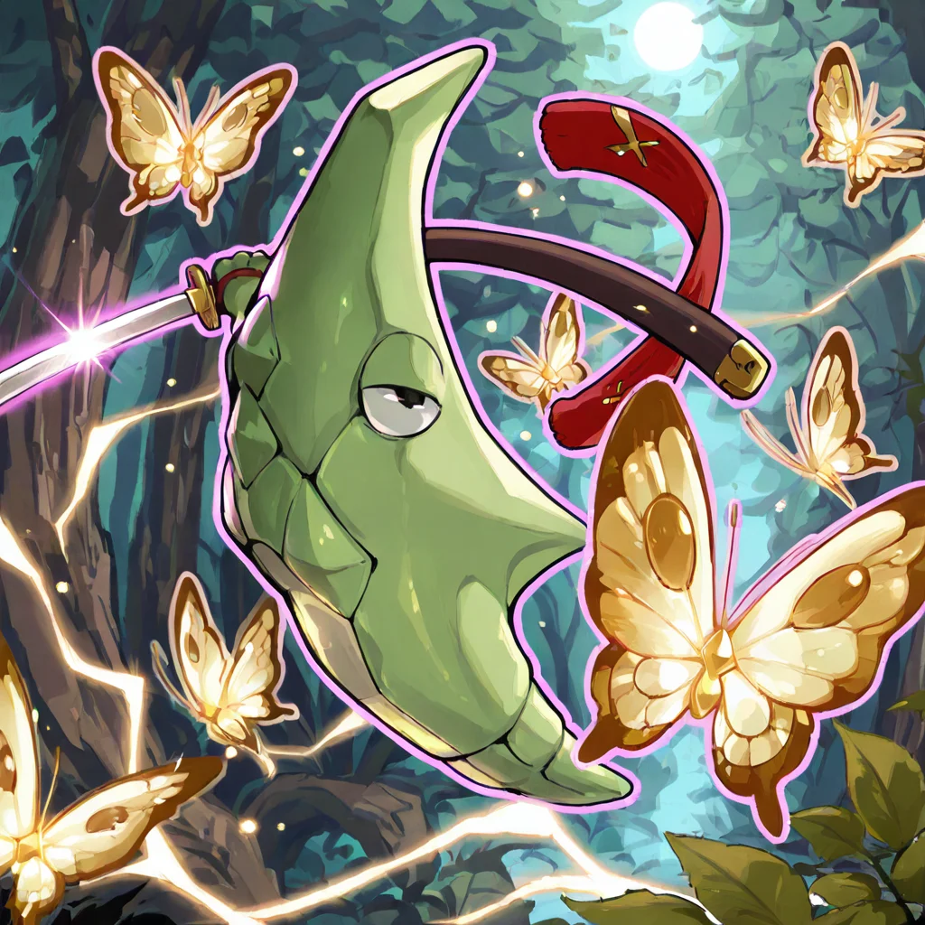 metapod, granblue fantasy, petite, outdoors, fantasy background, holding katana, glowing butterfly, light smile, pose, fighting, purple outline, light particles, battoujutsu, masterpiece, best quality, amazing quality
