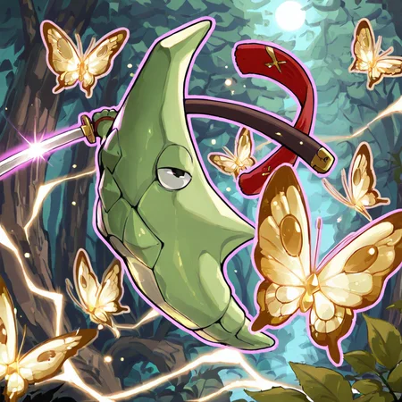 metapod, granblue fantasy, petite, outdoors, fantasy background, holding katana, glowing butterfly, light smile, pose, fighting, purple outline, light particles, battoujutsu, masterpiece, best quality, amazing quality