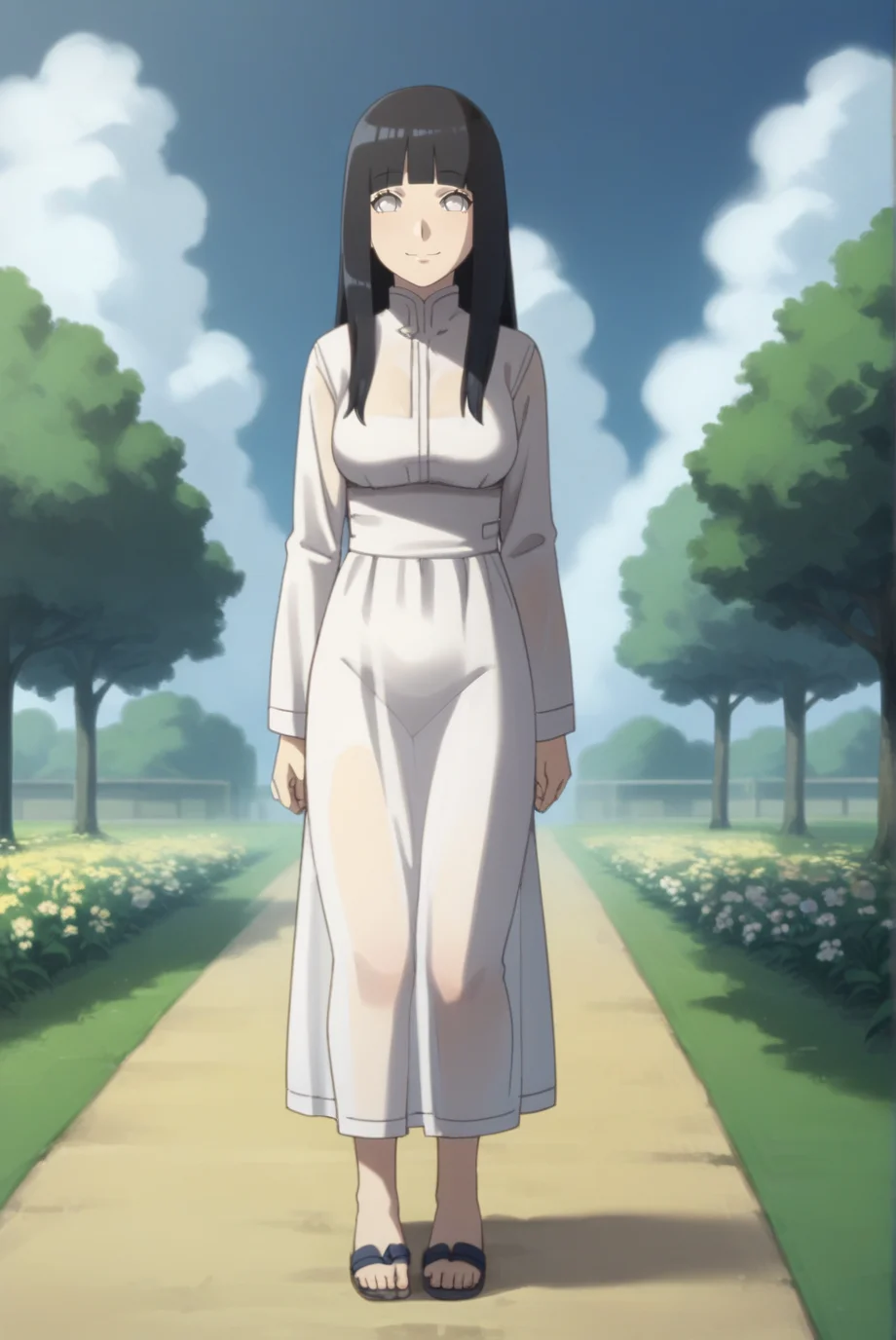 score_9, score_8_up, score_7_up, score_6_up, score_5_up, score_4_up, BREAK source_anime, 1girl, solo,
<lora:HinataTheLastXL-v1-07:0.7>, ChopioHyugaHinata, long hair, black hair, straight hair, shiny hair, blunt bangs, white eyes, no pupils, looking at viewer,
mature female, medium breasts,
linen dress, white dress, long sleeves, sandals,
outdoors, park, grass, flowers, blue sky, clouds,
standing, smile, (see-through silhouette:1.1), see-through,