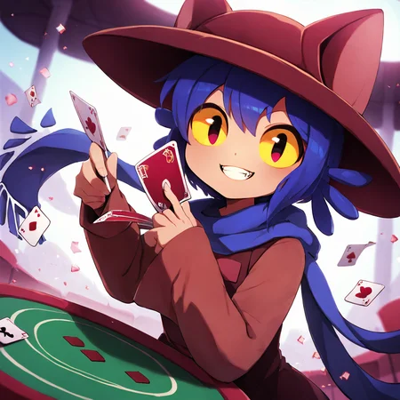 <lora:Niko:1>,1girl,solo,niko \(oneshot\),slit pupils,yellow sclera,cat hat,blue scarf,brown dress,long sleeves,black legwear,looking at viewer,evil grin,holding playing card, casino, blackjack table,, (score_9,score_8_up,score_7_up), anime style, beautiful detailed skin, beautiful eyes, detailed face, best quality, high quality,