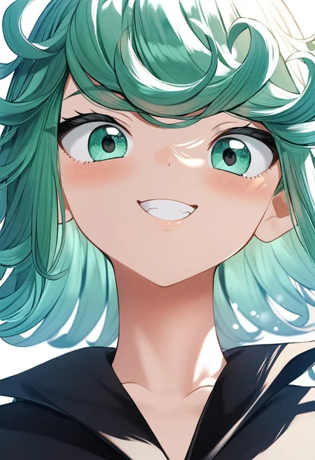score_9, score_8_up, score_7_up, source_anime, hi res, masterpiece, best quality, highres, rkanime_ps, tatsumaki, close up, upper body, smile, looking at viewer, from below