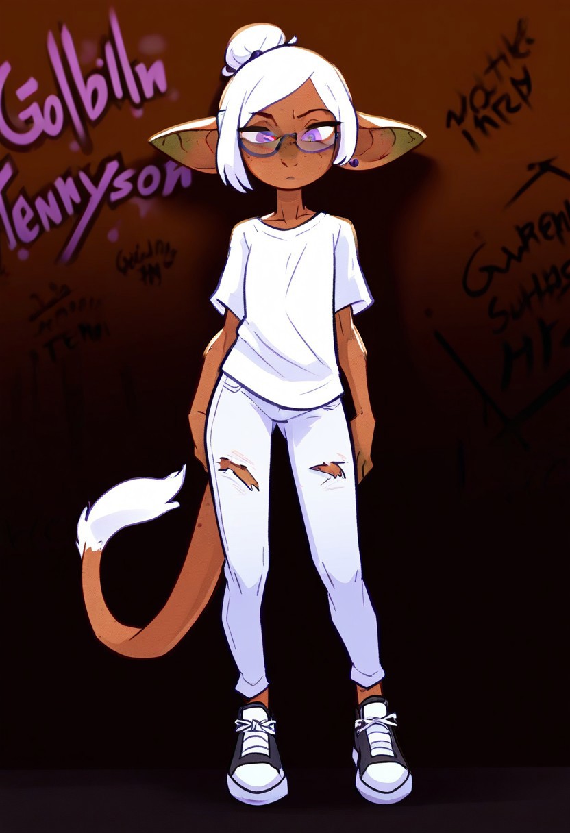 masterpiece, best quality, newest, absurdres, highres, furry, perfect anatomy, (Gwendolyn_Tennyson G0b1),1girl,solo,goblin girl,dark-skinned female,pointy ears,short hair,white hair,single hair bun,purple eyes,semi-rimless eyewear,freckles,colored skin,tail, white shirt, graphic t-shirt, ripped jeans, denim, sneakers, black and white shoes, underpass, graffiti, posing, secluded, solo, solo focus,