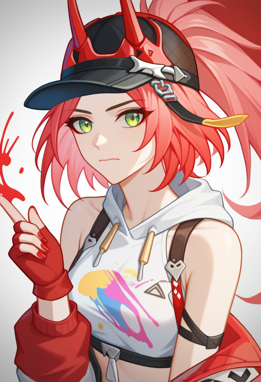 score_9,score_8_up,score_7_up,<lora:rappa:1>,rappa_(honkai:_star_rail), 1girl, red_gloves, hand_up, white_shirt, looking_at_viewer, baseball_cap, shoulder_cutout, paint_splatter, nail_polish, bare_shoulders, hood, solo, official_alternate_costume, upper_body, fingerless_gloves, jacket, closed_mouth