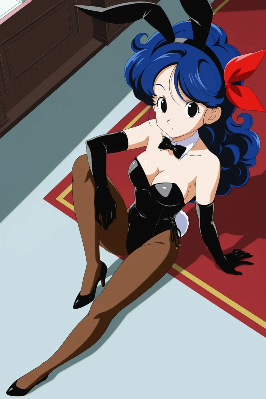 anime screencap, absurdres, high quality, official style,
launch good, official style, 1girl, solo, long hair, breasts, indoors, arm support, mansion, hair ribbon, cleavage, sitting, blue hair, full body, pantyhose, black gloves, elbow gloves, bowtie, rabbit ears, black eyes, high heels, black leotard, detached collar, fake animal ears, playboy bunny, rabbit tail, strapless leotard, curly hair, black high heels, brown legwear, knee up, from above, looking at viewer, parted lips, dappled sunlight,
<lora:Launch_IL:0.8>