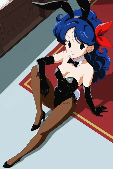 anime screencap, absurdres, high quality, official style,
launch good, official style, 1girl, solo, long hair, breasts, indoors, arm support, mansion, hair ribbon, cleavage, sitting, blue hair, full body, pantyhose, black gloves, elbow gloves, bowtie, rabbit ears, black eyes, high heels, black leotard, detached collar, fake animal ears, playboy bunny, rabbit tail, strapless leotard, curly hair, black high heels, brown legwear, knee up, from above, looking at viewer, parted lips, dappled sunlight,
<lora:Launch_IL:0.8>
