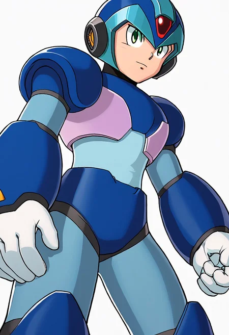 White background, X, Android, Masterpincel, perfect face, Android, blue bodysuit, blue armor, helmet, green eyes, solo