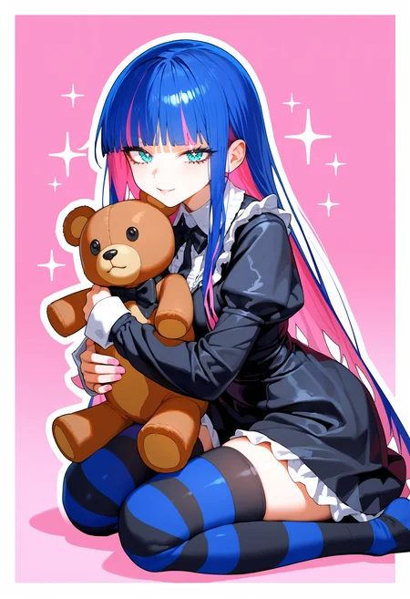 score_9,score_8_up,score_7_up,
BREAK
1girl, stocking \(psg\), blue hair, colored inner hair, blunt bangs, blunt ends, cyan eyes, long eyelashes, long hair, pink inner hair, multicolored hair,
BREAK
solo, kneeling, leaning forward, black dress, gothic, frilled dress, frills, lace trim, lace, neck ribbon, pink nails, hugging teddy bear, black teddy bear, black thighhighs, striped thighhighs, puffy long sleeves,
BREAK
pink background, simple background, white border, sparkly background, <lora:Lunas-Eatsleep1111-SDXL-A1:1>