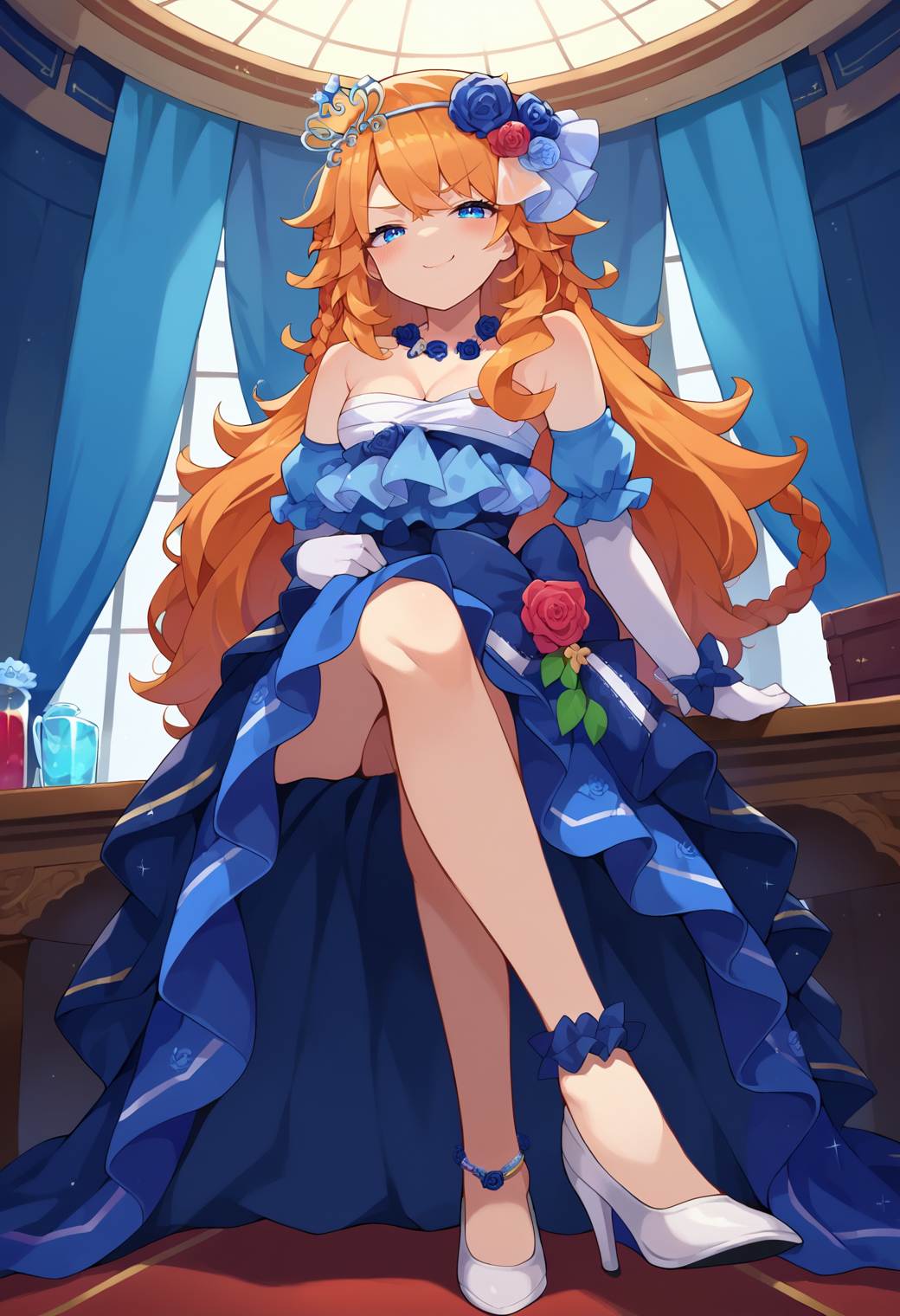 score_9, score_8, score_7_up, hd, (ultra hd quality details), source_anime, indoors,
solo, 1girl, medium breasts,
gibarae, orange hair, otgbecind, braid, hair flower, blue rose, tiara, blue dress, layered dress, necklace, strapless, bare shoulders, white gloves, elbow gloves, red flower, anklet, white footwear, high heels,
looking at viewer, blush, smug, 
sitting, crossed legs, from below,
<lora:_otogibara_era-elesico-pony:1>