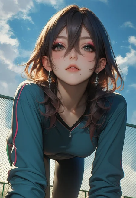 Score_9, score_8_up, score_7_up, score_6_up, score_5_up, score_4_up,1girl, casual outdoor style, sporty casual look, beautiful face, detailed anatomy, cinematic lighting, anime, beautiful girl, solo_focus, source_anime, cloudy sky, long sleeves, dynamic angle, runner sport outfit, fence, view through the fence looking at viewer, focus on fence, big long fence, from front, cinematic scene, she takes a deep breath, she behind the fence, full lips, hair behind ear, hair between eyes, long eyelashes, eyeshadow, eyeliner, mole under mouth, slim body, petite body, cute, earrings, nail polish, medium breasts, on all fours, from below