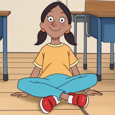1girl, solo, sshh1, twintails, dark skin, yellow shirt, smile, bracelet, blue pants, red shoes, sitting on floor, official style, classroom, <lora:sshh1:1>,
