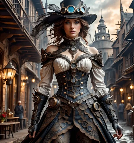 RAW photo, (masterpiece:1.3), subsurface scattering, heavy shadow, (high quality:1.4), (intricate, high detail:1.2), professional photography, HDR, High Dynamic Range, realistic, ultra realistic, photorealistic, high resolution, film photography, ambient lighting, atmospheric effects, <lora:detail_slider_v4:2>, OverallDetail,   <lora:SteampunkChar:1>, 1girl, armor, bare shoulders, black gloves, black headwear, black pants, blue eyes, brown hair, dress, fingerless gloves, frills, goggles, hair ornament,  jewelry, lips, looking at viewer, makeup, necklace, outdoors, realistic, simple background, solo, standing, steamchar, water, white shirt