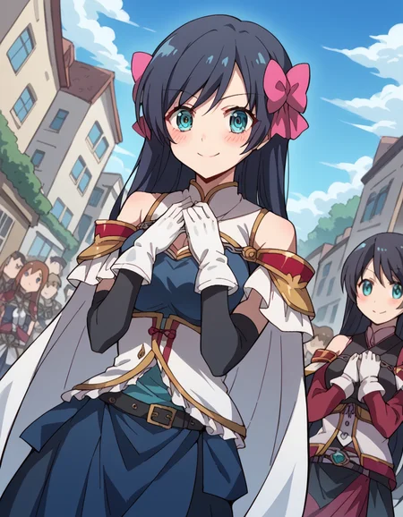 score_9, score_8_up, score_7_up, source_anime, <lora:nagahide-niwa-s1-ponyxl-lora-nochekaiser:1>, nagahide niwa, long hair, blue eyes, black hair, hair bow, aqua eyes, medium breasts, <lora:miki-sayaka-cosplay-ponyxl-lora-nochekaiser:1>, miki sayaka cosplay, miki sayaka (cosplay), belt, black sleeves, blue skirt, cape, cosplay, dress, gloves, gem, skirt, sleeveless, sleeveless dress, white cape, white gloves,, streets, outdoors, smile, blush, hands on own chest, cowboy shot, looking at viewer,, , dutch angle, cowboy shot