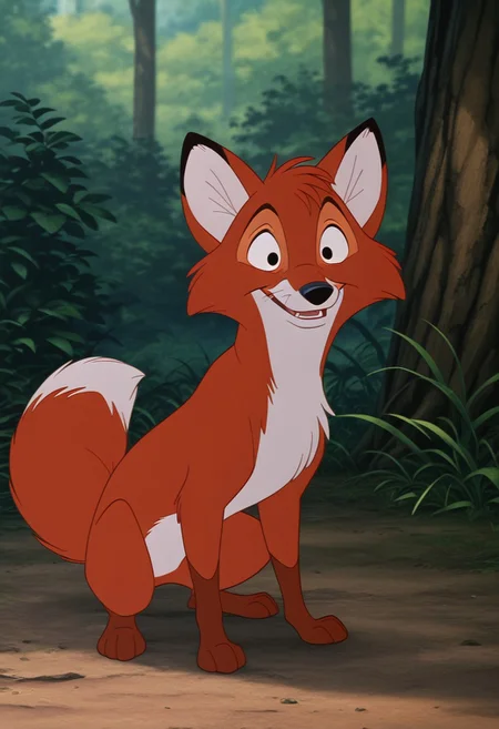 core_9, score_8_up, score_7_up, score_6_up, score_5_up, score_4_up, detailed background, detailed face, 1boy, solo, male, tod, cartoon, white color at the end of the tail, furry, red, 2d, disney style, white belly, animation, fox tail, fox