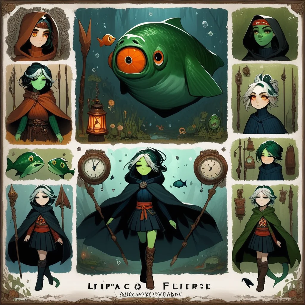 bddstyle, clock, pleated skirt, knee boots, closed eyes, artist name, polearm, ribbed sweater, sash, fish, looking up, crossed legs, half updo, green skin, black pants, faceless, multicolored hair, orange eyes, headband, lantern, nature, vampire, tail, eyeshadow, turtleneck, white cloak, hooded cloak