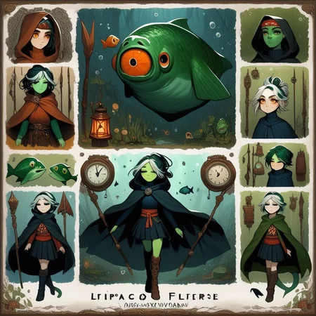 bddstyle, clock, pleated skirt, knee boots, closed eyes, artist name, polearm, ribbed sweater, sash, fish, looking up, crossed legs, half updo, green skin, black pants, faceless, multicolored hair, orange eyes, headband, lantern, nature, vampire, tail, eyeshadow, turtleneck, white cloak, hooded cloak