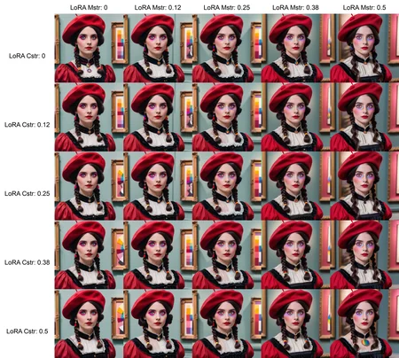 medium shot of a woman with dark hair wearing (a Victorian dress) and (a red beret) with (rainbow palette colored eyes) in a museum.