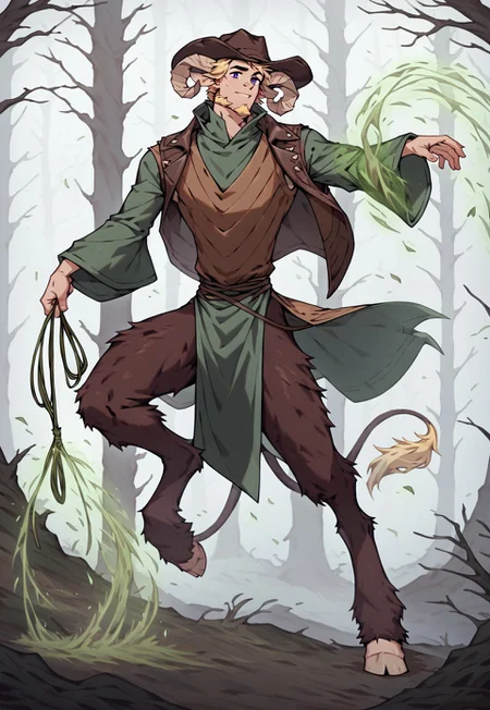 score_9_up, score_8_up, score_7_up, 1man, solo, extremely handsome, satyr, faun, (((long brown curled ram horns, ram horns))), 30yo, male focus, manly, dark royal purple eyes, <lora:PerfectEyesXL:1.0> perfecteyes, slight smirk, mouth closed, ((short straw blonde hair, clipped sides, sideburns, goatee)), very masculine human face with deep lines and creases, strong jawline with high strong cheekbones, chiseled chin, thin lean frame, slim lean body, light hairy arms, thick ram legs, hooves, ((1 lion tail with yellow tuft at end)), long goat ears, fur on legs, tan brown fur, (((country style clothing, high collar, wearing long dark green and dark brown robes with long wide sleeves, billowing dark green and dark brown robes, flowing dark green and dark brown robes, vested shirt under robes))), ((((dark green long wide oversized wizard sleeves)))), (((((wild west outlaws style, brown leather, wearing long dark brown vest,))))), ((((wearing dark brown large wide-brimmed cowboy hat,)))), cowboy, long flowing forest green loincloth of leaves, full body, tree roots, cinematic lighting, sunlit hazy woods of giant tree trunks with sunbeams, foggy sunlit forest of giant trees, ((action shot, right hand gripping single stranded green whip dragging ground, whipping ground)), ((left hand casting spell, runemagic, green magic spell)), leaning forward