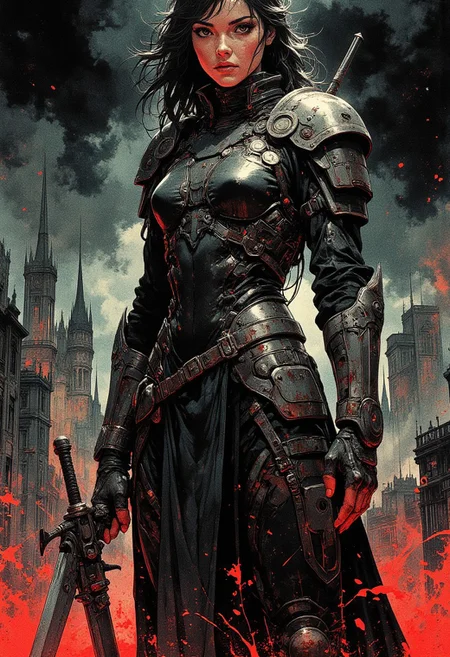 gantz, (style of jean delville). ,beaytiful woman emerges from the black fog, Intricate, High Detail, Sharp focus, dramatic, gantz-advancedsuit,<lora:gantz-advancedsuit_v10:1> ,Slim and muscular physique,Panorama of the Medieval. city,dark smoke,bloodyface,