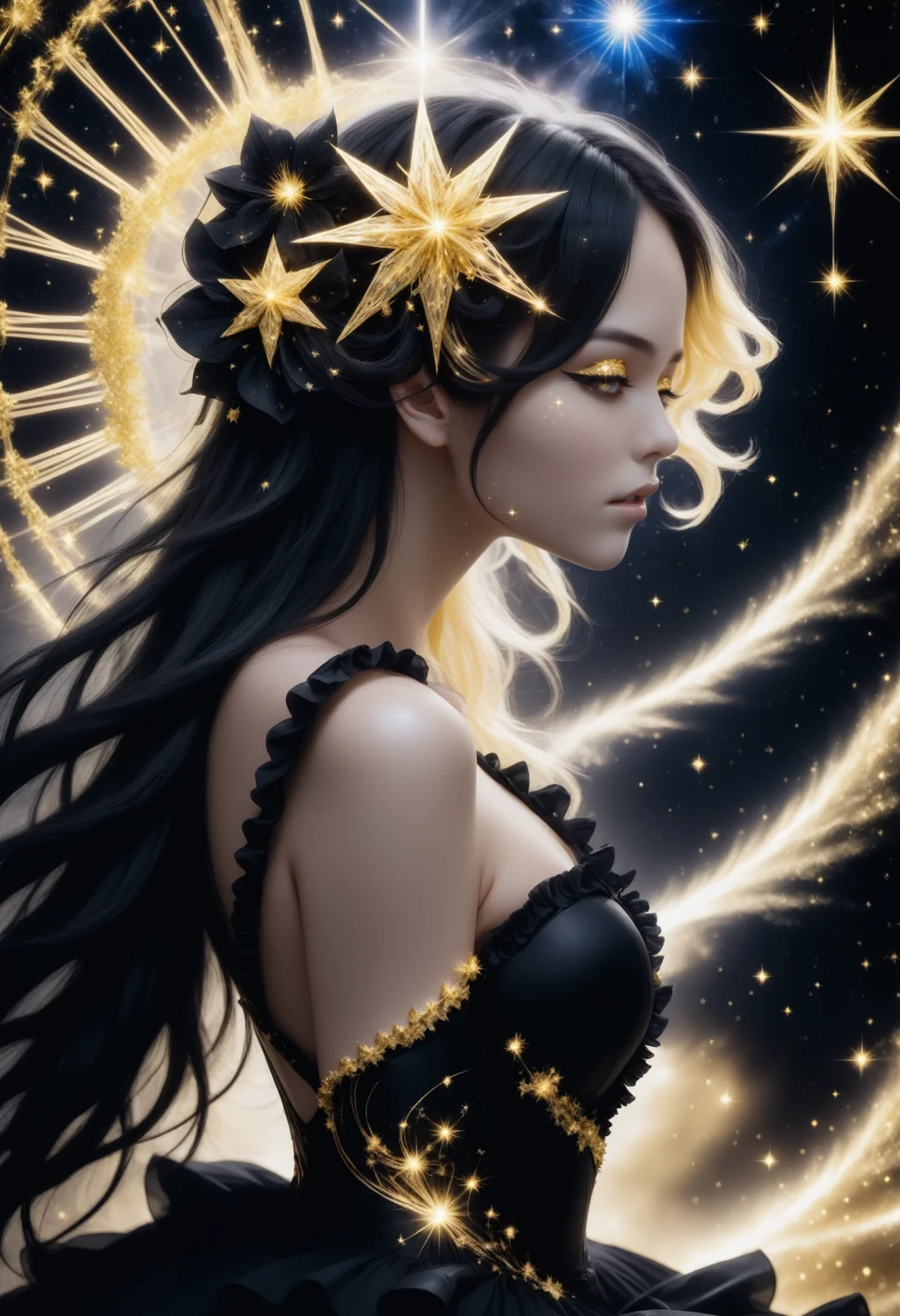 side view, close up, anime style, 2d,1woman in a black ruffled dress, golden stardusted melt, starHC, Haute Couture fashion style, stardust hair accessoire <lora:starHC-000003:0.9>