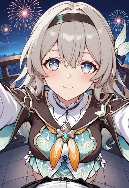 safe_pos, masterpiece, best quality, uncensored, BREAK, outside, night, fireworks, spaceship, missionary default, 1girl, 1boy, pov, breasts, standing, looking up at viewer, from above, dutch angle, firefly \(honkai: star rail\), 1girl, solo, , dress, short skirt, long sleeves, hair ornament,black hairband, medium breasts, clothed, smile, blush, reaching for viewer,