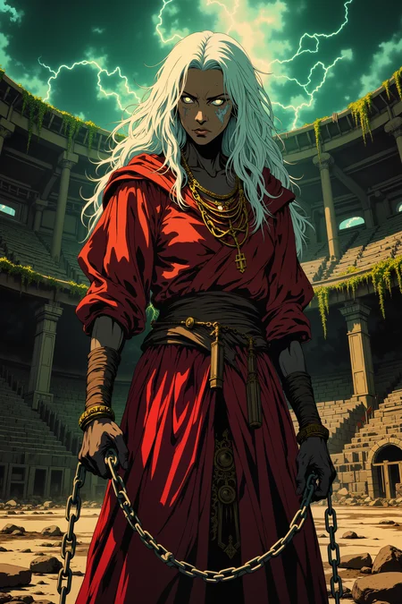 A hyper-realistic portrait, photorealistic photo close-up image of An elderly female, with long white hair and dark ebony skin, stands in chains at the center of an abandoned, otherworldly coliseum. Her once-majestic red robe is torn to shreds, barely covering her frail yet powerful form. Her eyes, a piercing shade of white, glow intensely as she gazes at the empty stands surrounding her. Her special feature is a massive scar running down the left side of her face, marking her as a warrior long forgotten by time. The chains binding her wrists and ankles are thick and rusted, glowing faintly with ancient enchantments. The coliseum is in ruins, with broken pillars and crumbled walls covered in strange, luminous vines that seem to hum with forgotten energy. Above her, the sky is a swirling mass of dark clouds and green lightning, casting a ghostly light over the scene. Her expression is calm, yet there is a deep fire burning behind her eyes, as though the arena once bore witness to her fury. Despite her chains, she stands tall, as if waiting for her moment of release.(photography, high-resolution, dynamic, energetic,hyper-realistic, dramatic lighting, shallow depth of field.)<lora:RetroAnimeFluxV1:0.5><lora:NeonFantasyFLUX:0.3>