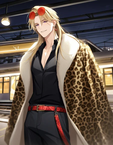 masterpiece, best quality, absurdres, 1boy, solo, BREAK male focus, purple eyes, (long hair, blonde hair, bangs), leopard print coat over shoulders, muscular, open black shirt, jewelry, earrings, (round eyewear, red sunglasses, eyewear on head), black pants, red belt, shoes, smile, parted lips, BREAK train station, night, city, cowboy shot, standing, looking at viewer, ikemenboys, <lora:IkemenBoys_Illustrious:0.95>