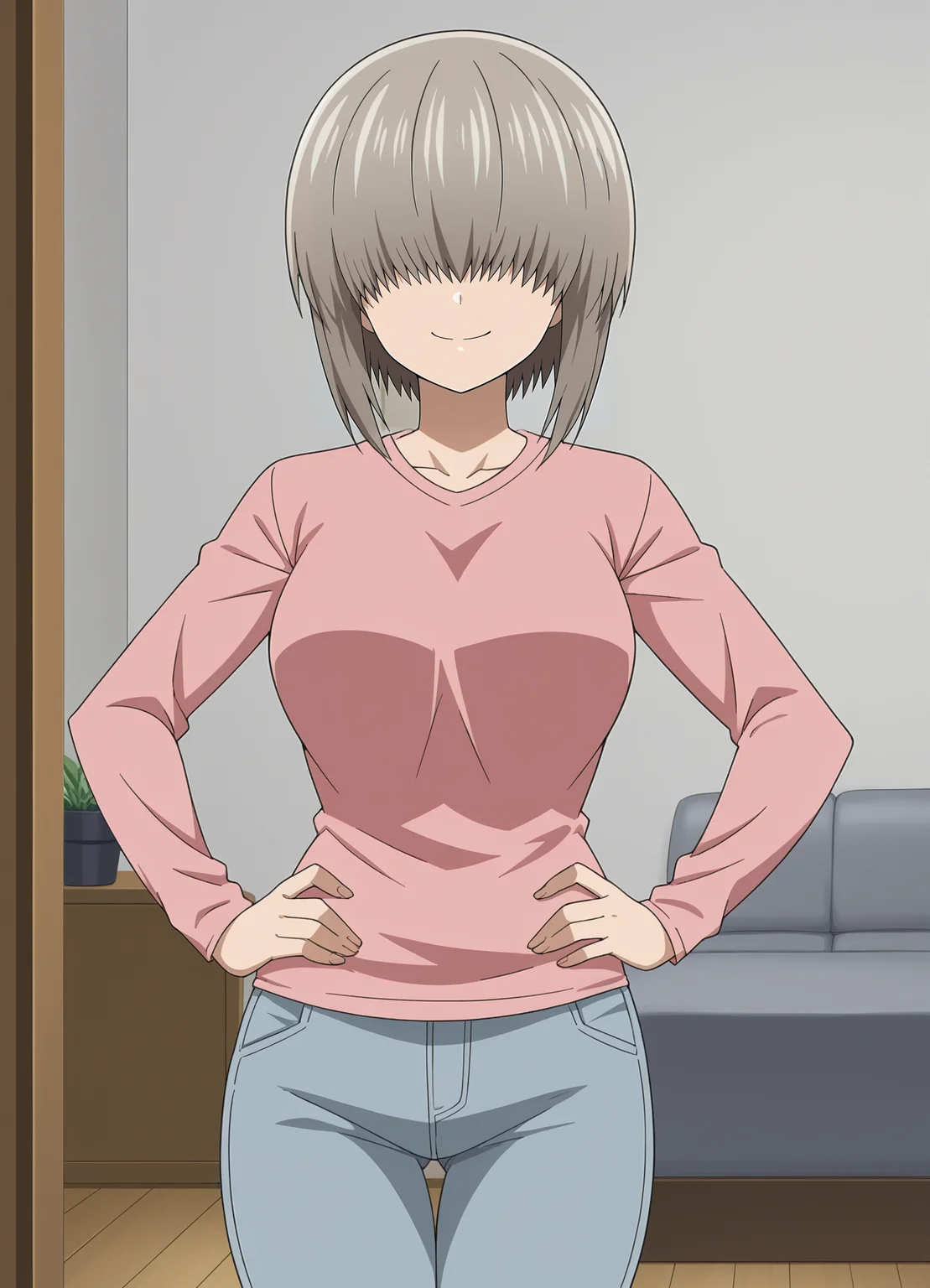 yanagi,1girl,solo,short hair,grey hair,hair over eyes,long bangs,large breasts,
shirt,pants,cowboy shot,hands on own hips,looking at viewer,indoors,smile,
<lora:Yanagi_Uzaki-Uzaki-chan_wa_Asobitai:0.8>