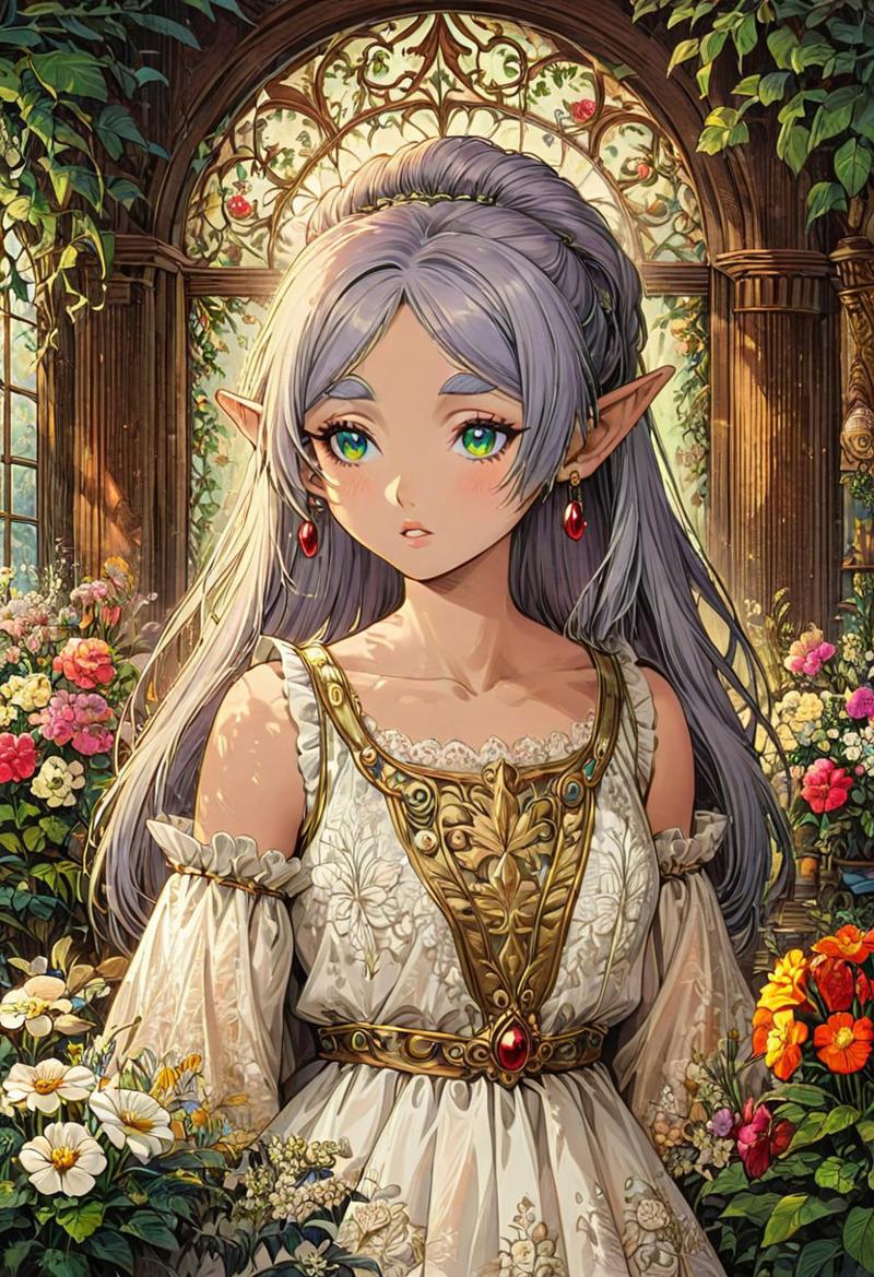 masterpiece, ink art, painting of a young female Frieren with a long flower dress, in the style of a bride, white long hair, pointy ears, earrings, collarbones, green eyes, silver eyebrows, thick eyebrows, full-round lips, parted lips, long eyelashes, silver eyelashes, dark pupils, blushing, fair skin,
style by Eduard Veith, Milton Glaser, Esteban Cortazar, Patrick Kelly, Lotta Jansdotter, 
flowery background, beautiful indoor, decorated with plants, flower petals, warm lighting, volumetric lighting, ethereal background, extremely detail, Victorian style, ornated background, 
BREAK,
long flower dress, silk white dress, sleeveless, frills, flower pattern on dress, fine texture,