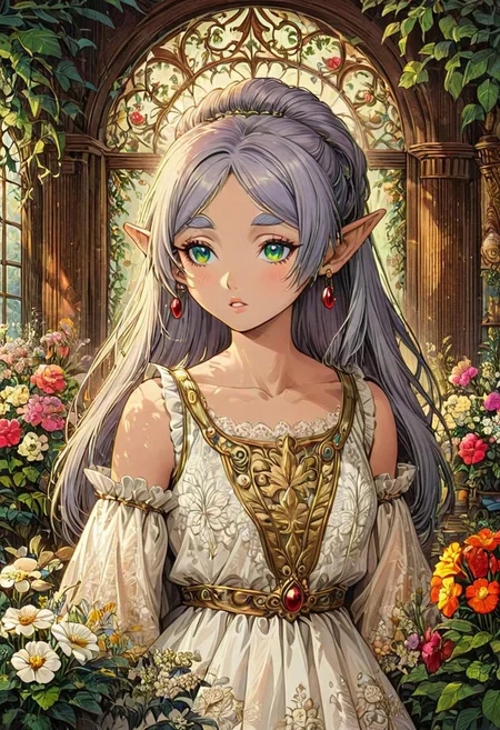 masterpiece, ink art, painting of a young female Frieren with a long flower dress, in the style of a bride, white long hair, pointy ears, earrings, collarbones, green eyes, silver eyebrows, thick eyebrows, full-round lips, parted lips, long eyelashes, silver eyelashes, dark pupils, blushing, fair skin,
style by Eduard Veith, Milton Glaser, Esteban Cortazar, Patrick Kelly, Lotta Jansdotter,
flowery background, beautiful indoor, decorated with plants, flower petals, warm lighting, volumetric lighting, ethereal background, extremely detail, Victorian style, ornated background,
BREAK,
long flower dress, silk white dress, sleeveless, frills, flower pattern on dress, fine texture,