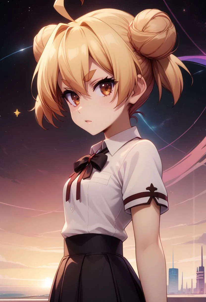 score_9, score_8_up, score_8, medium breasts, (curvy), cute, eyelashes, rating_safe,
BREAK,
zzgakumazawatatsuko, bangs, blonde hair, hair between eyes, brown eyes, ahoge, hair bun, double bun, thick eyebrows, school uniform, neck ribbon, white shirt, collared shirt, short sleeves, black skirt,
BREAK,
looking at viewer,
dynamic angle, stars, floating, colorful, pink, blue eyes, black bow, from side, on back, spaceship, technological,
zPDXL,