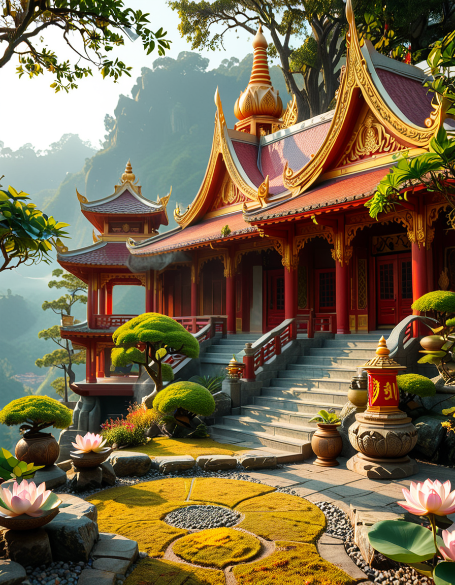 A majestic Buddhist temple nestled in a lush, misty mountain landscape. The temple features traditional curved rooftops with golden ornaments, intricate wooden carvings, and red and gold-painted walls. Large prayer flags in vibrant colors flutter in the wind, adding a spiritual atmosphere. A long stone staircase, partially covered in moss, leads to the main entrance, where a pair of large guardian statues stand watch. The scene is bathed in soft morning light, with gentle rays filtering through the mist, creating a serene and mystical ambiance. The background consists of towering green mountains and a sky with soft pastel hues. In the foreground, a Buddhist monk in deep orange robes walks peacefully along a stone pathway, holding a string of prayer beads. The overall composition conveys a sense of tranquility, spirituality, and harmony with nature.
<lora:SDXLFaeTastic2400:0.4> <lora:extremely_detailed:0.4> extremely detailed,<lora:Buddhist_t3mpl3:1>,Buddhist t3mpl3, Masterpiece,best quality,hi res,8k,hi res,8k,award winning,(sharp focus, intricate, highly detailed),