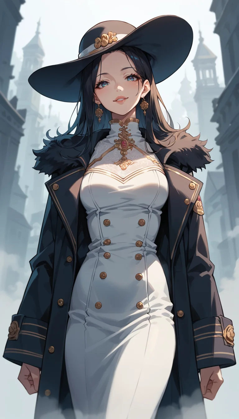 score_9, score_8_up, score_7_up, Anime Style, Cowboy Shot, A shadowy human figure, cute, seductive, innocent, light smile:0.3, plump lips, slender body, in a long coat and hat, intense fog background, depth of field, dynamic angle, fashion photography, sharp, hyperdetailed:1.15