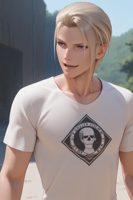 masterpiece, best quality, amazing quality,absurdres, intricate detail,2d , , , 1boy, solo, male focus , , ,  <lora:rufus_shinra:0.92>,rufus shinra,platinum blonde hair,blue eyes,short hair,slicked back hair,Smirk,open mouth,t-shirt,short sleeves,collarbone,upper body,outdoors