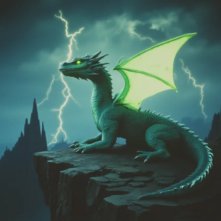ArsMovieStill, 80s Fantasy Movie Still, The image shows a dragon with emerald-green scales perched on a craggy cliff under a stormy sky, lightning illuminating its wings., dragon, fantasy, storm, glowing eyes, cliff, lightning, epic creature, scales, wings, dramatic lighting