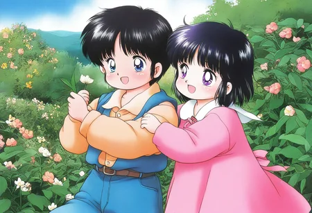 lazympos, very awa, general,highres, ultra-detailed,very aesthetic,best quality ,best hands, BREAK retro_artstyle, retro, retro anime artwork, 1980 \(style\), vibrant colors, sfw, Konohara_Konomi, 1girl, short hair, black hair, purple eyes, [Corio, 1boy, short hair, blue eyes, bangs, black hair], smiling, happy, kawai, playing, in the garden, flowers, happy, summer time, cowboy shot,