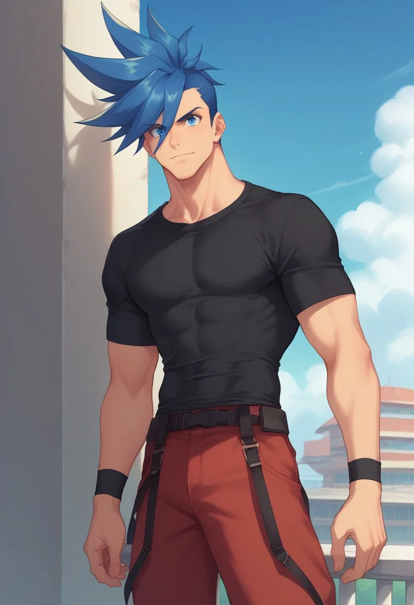 score_9, score_8_up, score_7_up, source_anime, highly detailed,
galo, male focus, 1boy, blue hair, spiked hair, blue eyes, solo, shirt, black shirt, t-shirt, pants, red pants,
outdoor, sky, day, blue sky,
