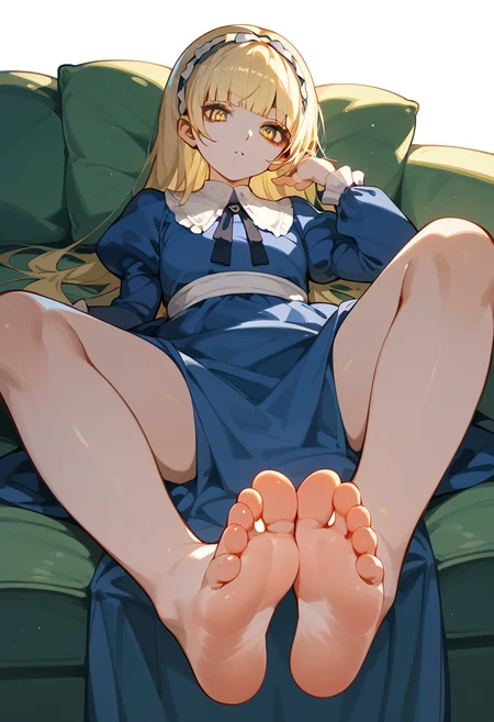 score_9, score_8_up, score_7_up, 1girl, solo, <lora:zs_AliceXL:1> alicesmt, dress, long hair, blonde hair, hairband, blunt bangs, puffy sleeves, blue dress, yellow eyes, sitting, lying, barefoot, soles, spread toes, couch, looking at viewer, foot focus, perspective, dim lighting,