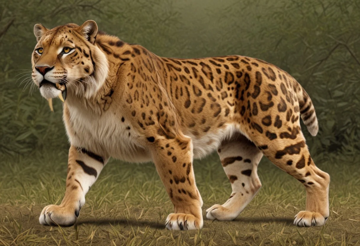 Smilodon neogaeus, saber tooth, ancient panther, power animal with features of several modern felines, golden tabby body pattern with rosettes and stripes, soil, river, forest, claws, golden tabby tigon liger hybrid, looks like a huge tiger hybrid jaguar with the coat pattern of a clouded leopard, full body, grass, trees