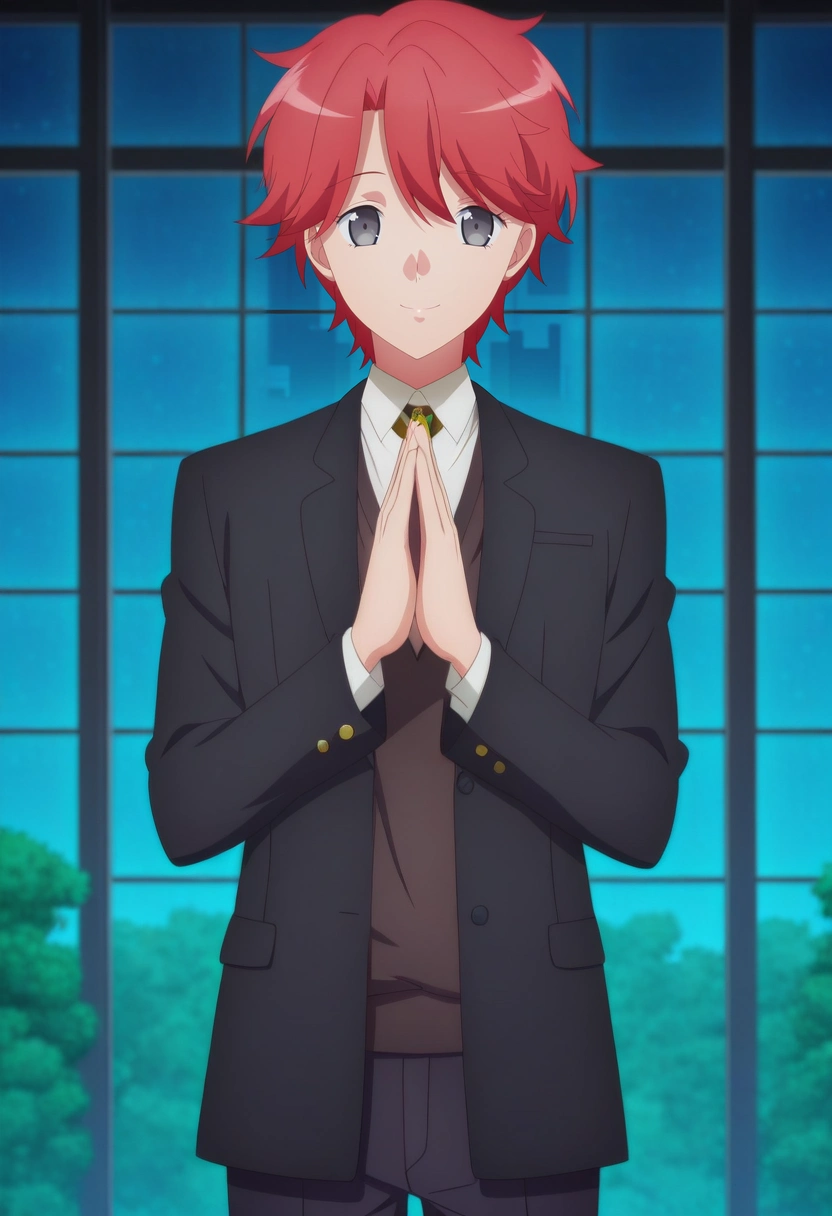 masterpiece, best quality, anime screencap, official style, anime coloring, cowboy shot, 1boy, solo, male focus, <lora:sirius_dieke_ilxl:0.94>, sirius_dieke, red hair, grey eyes, short hair, , cyber garden, holo-plants, data streams, virtual paths, tending pose, peaceful expression, grid lighting,