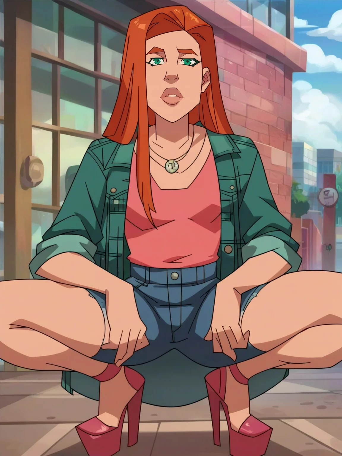 <lora:Atomic_EvaV2:1> a_e, 1girl, ginger long hair, green eyes, pink lips, looking at viewer, squatting, front view, spreading legs, platform high heels, score_9, score_8_up, score_7_up,