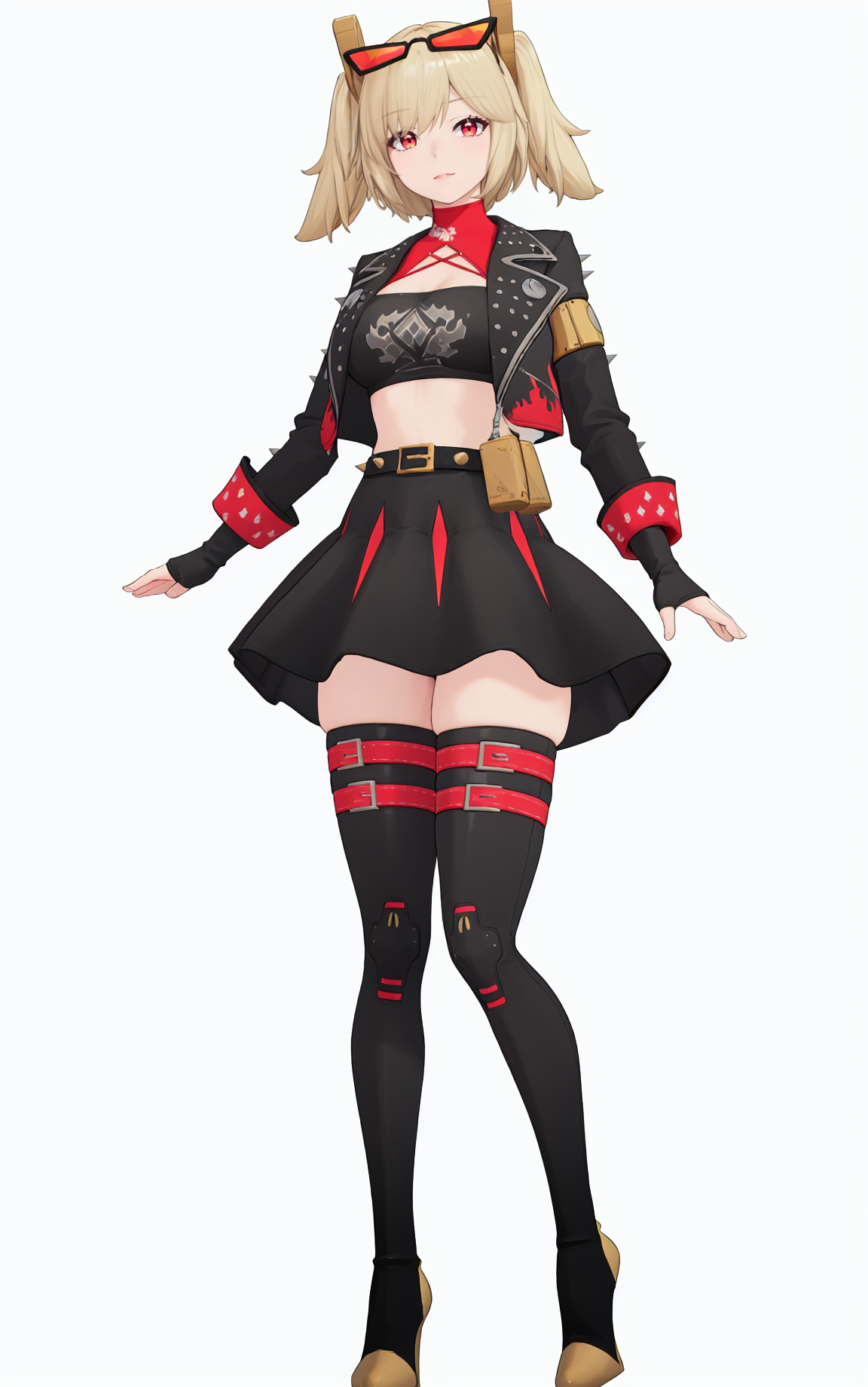 8k, best quality, masterpiece, (ultra-detailed), (high detailed skin), (by nanoless, by misumi \(macaroni\),:0.5), 
A full-body portrait of a young girl, standing gracefully, pastel art style, high-key lighting, shoujo manga influence, hd quality, delicate details, 
full body, full shot, standing, looking at viewer, (solo:1.2), simple background, white background, 
<lora:bonis-sd-Tanger:0.8>, bonis, default clothes, hair ornament, 1girl, thighhighs, black skirt, blonde hair, eyewear on head, breasts, red eyes, black cropped jacket, boots, twintails, gloves, thigh boots,