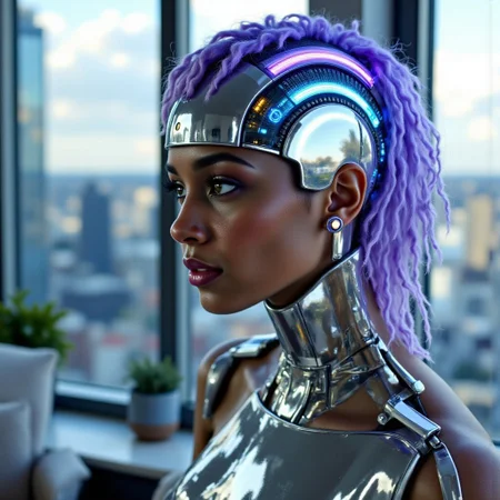 photoshoptcontest. a digitally manipulatd photograph, ultra-glossy fashion portrait with pristine chrome reflections and technological precision of a cybernetic netrunner whose face is split between organic beauty and advanced machinery,, Fiber optic hair cables pulse with data transfer,, Microfilament circuits beneath translucent chrome plating carry streams of neon energy
.
The subject faces slightly right, three-quarter view,, The netrunner has precise facial geometry with high cheekbones and sharp jawline,, Her organic eye is jade green with gold circuitry-pattern iris implants,, The cybernetic half features mirror-chrome plating with exposed carbon-fiber substructure and hairline panel seams,, Her fiber optic hair shifts between deep purple and electric blue
.
Neural interface ports trace along her hairline,, Neural interface ports along her scalp and neck are precision-machined titanium with illuminated status indicators,, Microscopic cooling vents near the temples release occasional wisps of vapor
.
Holographic displays reflect off the chrome surfaces,, The background suggests a high-tech cityscape through a penthouse window,, Atmospheric fog adds depth and dimensionality