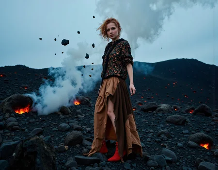 Portrait photo of Teresa palmer, teresapl, wearing avant-garde, surreal revealing high fashion skirt in an otherworldly volcanic landscape. Small pebbles of lava are raining down and some of them go into her hair and on her clothes and they catch fire, captured with a Hasselblad X2D 100C camera and a 110mm f/2.0 lens. Set the aperture to f/2.8 for a shallow depth of field, keeping the subject in sharp focus while subtly blurring the apocalyptic terrain. The composition should follow the rule of thirds, placing the subject slightly off-center against the dramatic backdrop of steaming fumaroles and jagged lava fields. Adjust the shutter speed to 1/250 to freeze any movement in the flowing fabrics of her eccentric outfit. Set the white balance to neutral to balance the stark contrast between the dark volcanic rocks and the icy blue sky. Use atmospheric mist and low-angle lighting to create an ethereal, dreamlike effect, enhancing the surrealism of the scene.